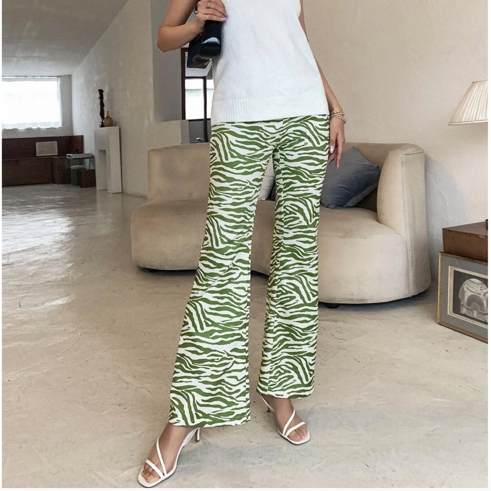 Green High Waist Zebra Stripe Flare Leg Pants